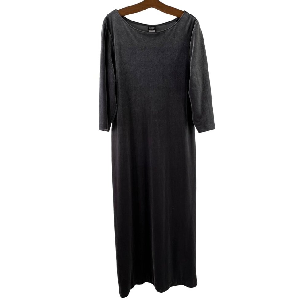 JD Long Sleeve Velvet Maxi Dress Size 16 Charcoal Gray Side Slits Made In USA